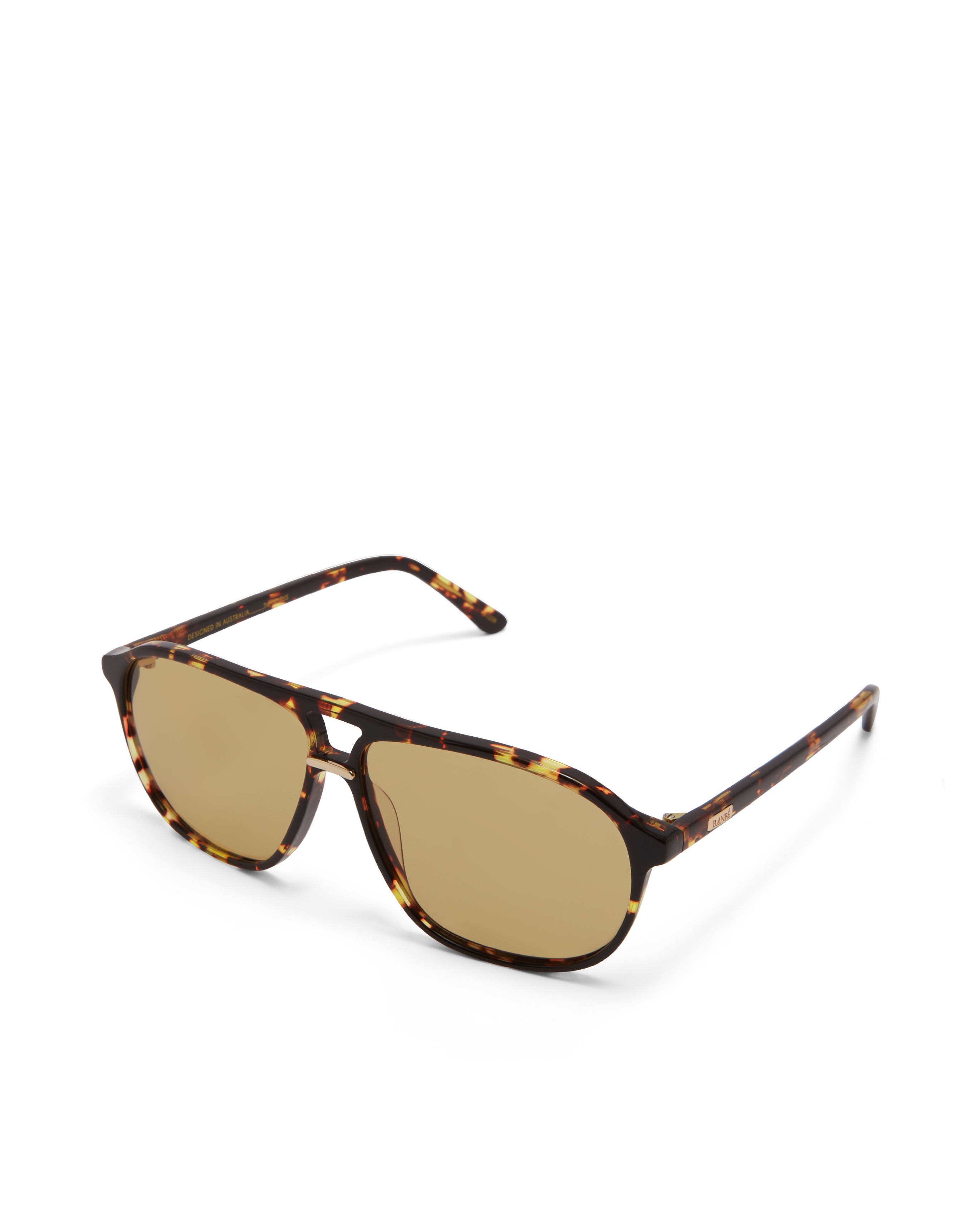 Women's aviator sunglasses in amber tort colourway featuring an oversized modified aviator silhouette with flat-top brow bar, double bridge, angular navigator-inspired shaping, and slim arms for a bold, contemporary look with full coverage.